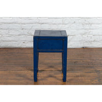 Chinese Ming Dynasty Style Single Drawer Blue Lacquer Table with Horse Hoof Legs
