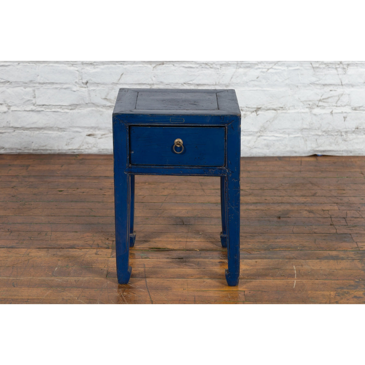 Chinese Ming Dynasty Style Single Drawer Blue Lacquer Table with Horse Hoof Legs-2. Asian & Chinese Furniture, Art, Antiques, Vintage Home Décor for sale at FEA Home