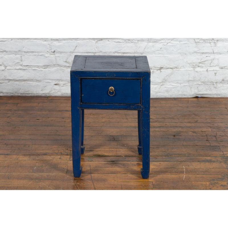Chinese Ming Dynasty Style Single Drawer Blue Lacquer Table with Horse Hoof Legs - Antique Chinese and Vintage Asian Furniture for Sale at FEA Home