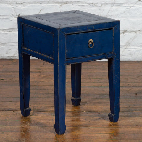 Chinese Ming Dynasty Style Single Drawer Blue Lacquer Table with Horse Hoof Legs - Antique Chinese and Vintage Asian Furniture for Sale at FEA Home