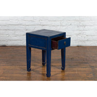Chinese Ming Dynasty Style Single Drawer Blue Lacquer Table with Horse Hoof Legs