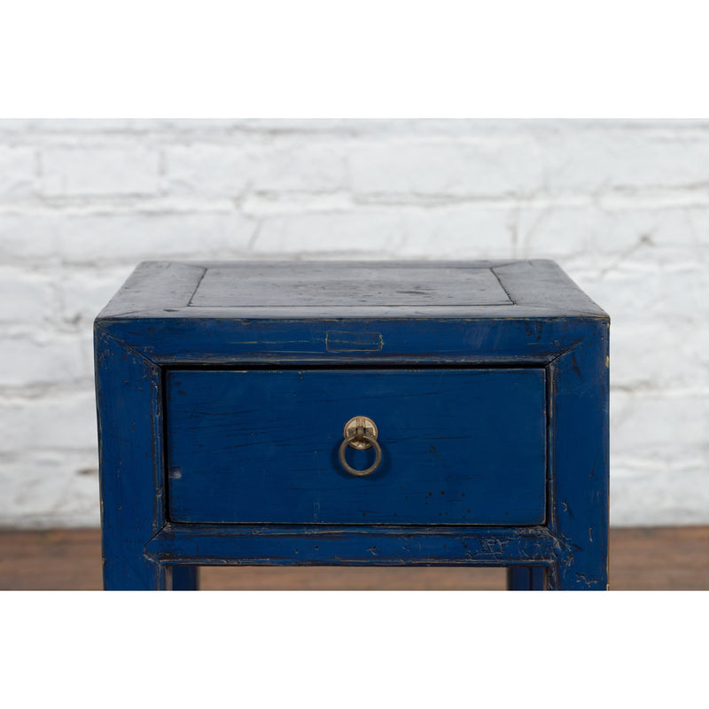 Chinese Ming Dynasty Style Single Drawer Blue Lacquer Table with Horse Hoof Legs - Antique Chinese and Vintage Asian Furniture for Sale at FEA Home