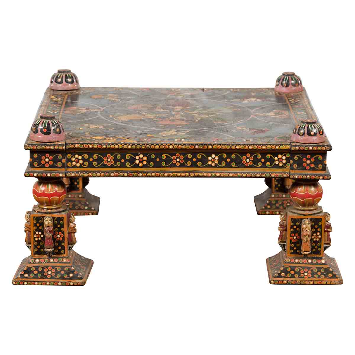 Indian Low Square Table with Colorful Hand-Painted Dancers & Musicians-1. Asian & Chinese Furniture, Art, Antiques, Vintage Home Décor for sale at FEA Home