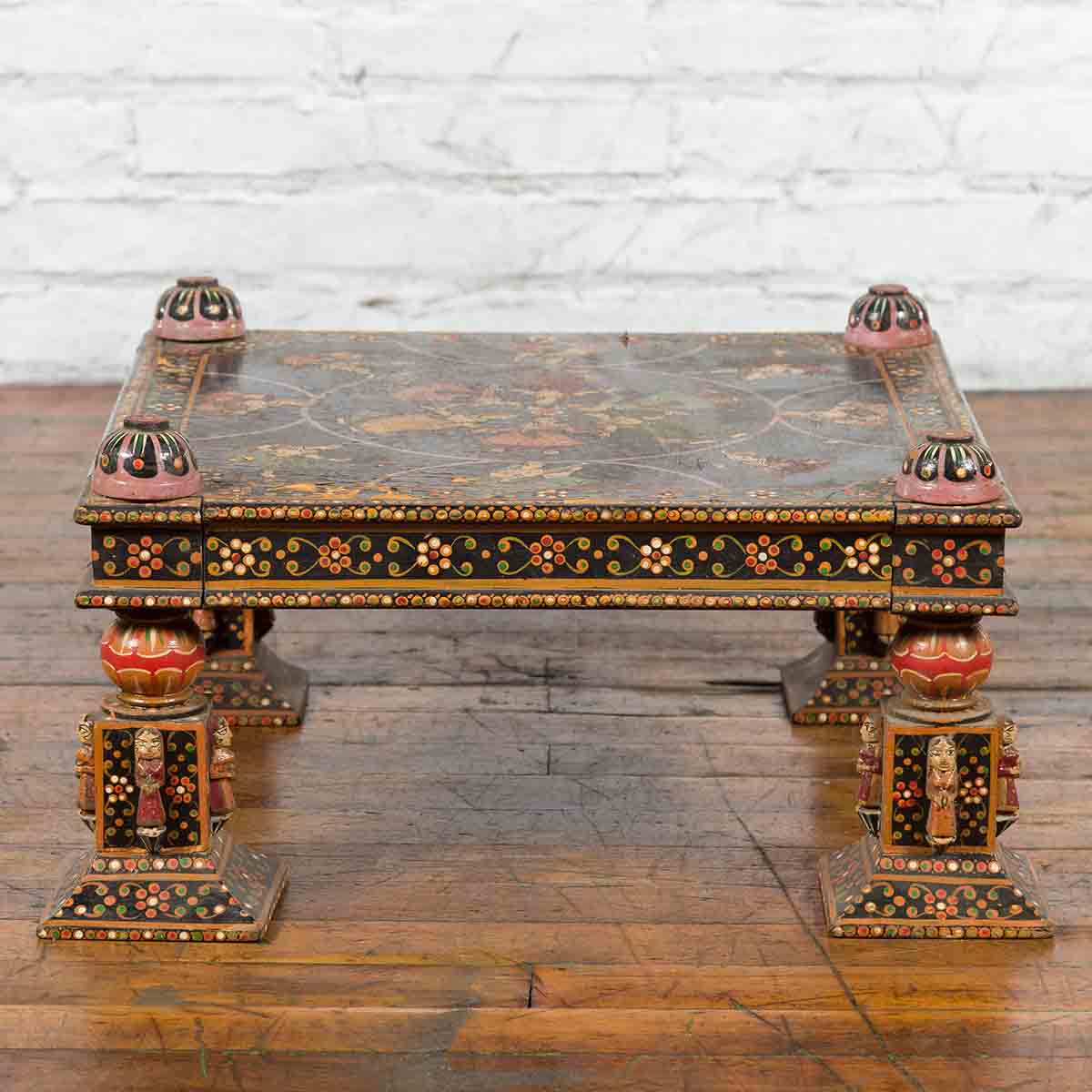Indian Low Square Table with Colorful Hand-Painted Dancers & Musicians-2. Asian & Chinese Furniture, Art, Antiques, Vintage Home Décor for sale at FEA Home