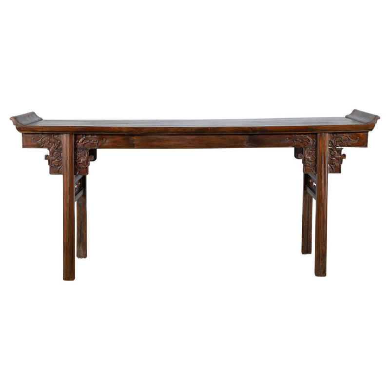 Chinese Early 20th Century Elmwood Altar Console Table with Carved Dragon Motifs-YN3970-1. Asian & Chinese Furniture, Art, Antiques, Vintage Home Décor for sale at FEA Home
