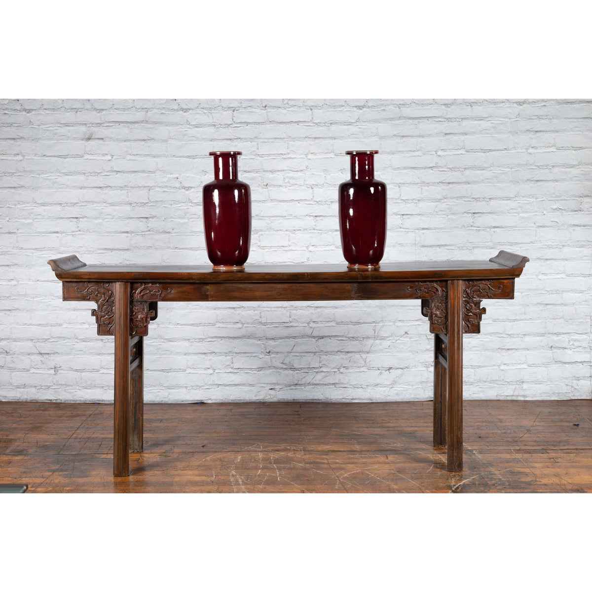 Chinese Early 20th Century Elmwood Altar Console Table with Carved Dragon Motifs-2. Asian & Chinese Furniture, Art, Antiques, Vintage Home Décor for sale at FEA Home