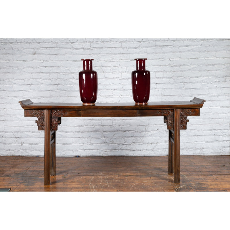 Chinese Early 20th Century Elmwood Altar Console Table with Carved Dragon Motifs-YN3970-2. Asian & Chinese Furniture, Art, Antiques, Vintage Home Décor for sale at FEA Home