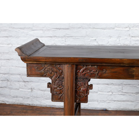 Chinese Early 20th Century Elmwood Altar Console Table with Carved Dragon Motifs-YN3970-5. Asian & Chinese Furniture, Art, Antiques, Vintage Home Décor for sale at FEA Home