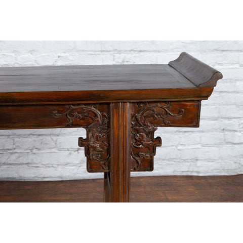 Chinese Early 20th Century Elmwood Altar Console Table with Carved Dragon Motifs-YN3970-6. Asian & Chinese Furniture, Art, Antiques, Vintage Home Décor for sale at FEA Home