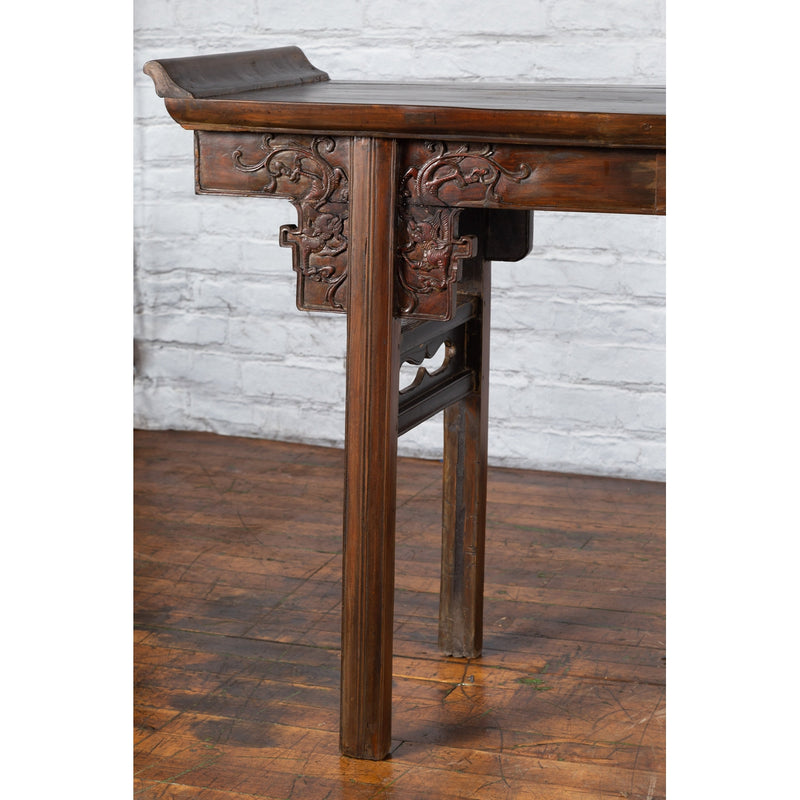 Chinese Early 20th Century Elmwood Altar Console Table with Carved Dragon Motifs-YN3970-8. Asian & Chinese Furniture, Art, Antiques, Vintage Home Décor for sale at FEA Home