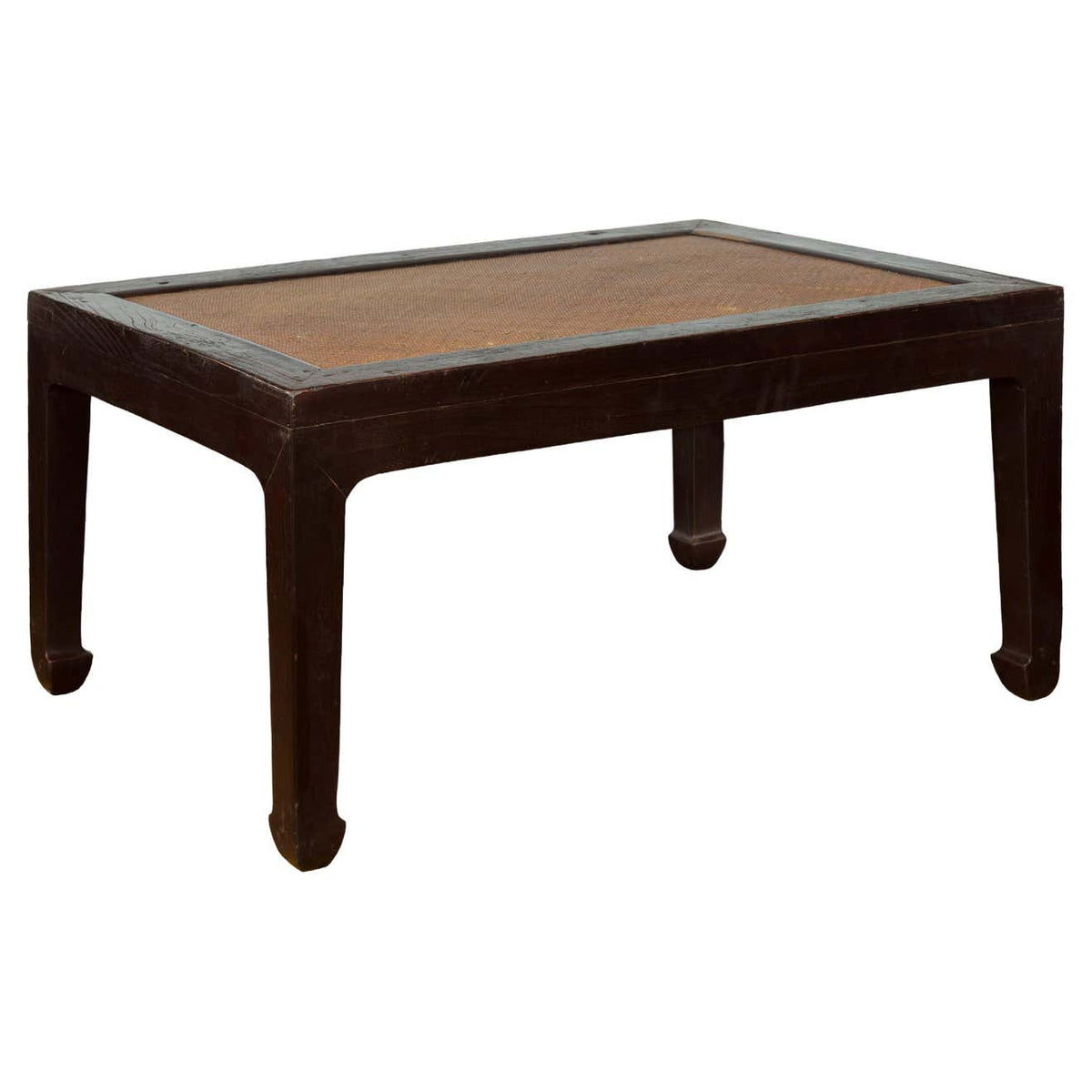Chinese Early 20th Century Dark Brown Elm Coffee Table with Rattan Inset Top-1. Asian & Chinese Furniture, Art, Antiques, Vintage Home Décor for sale at FEA Home
