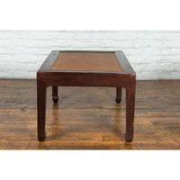 Chinese Early 20th Century Dark Brown Elm Coffee Table with Rattan Inset Top