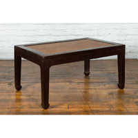 Chinese Early 20th Century Dark Brown Elm Coffee Table with Rattan Inset Top