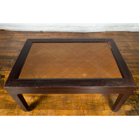 Chinese Early 20th Century Dark Brown Elm Coffee Table with Rattan Inset Top-YN4001-6. Asian & Chinese Furniture, Art, Antiques, Vintage Home Décor for sale at FEA Home