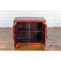 19th Century Chinese Qing Dynasty Red Lacquer Cabinet with Hand-Carved Doors