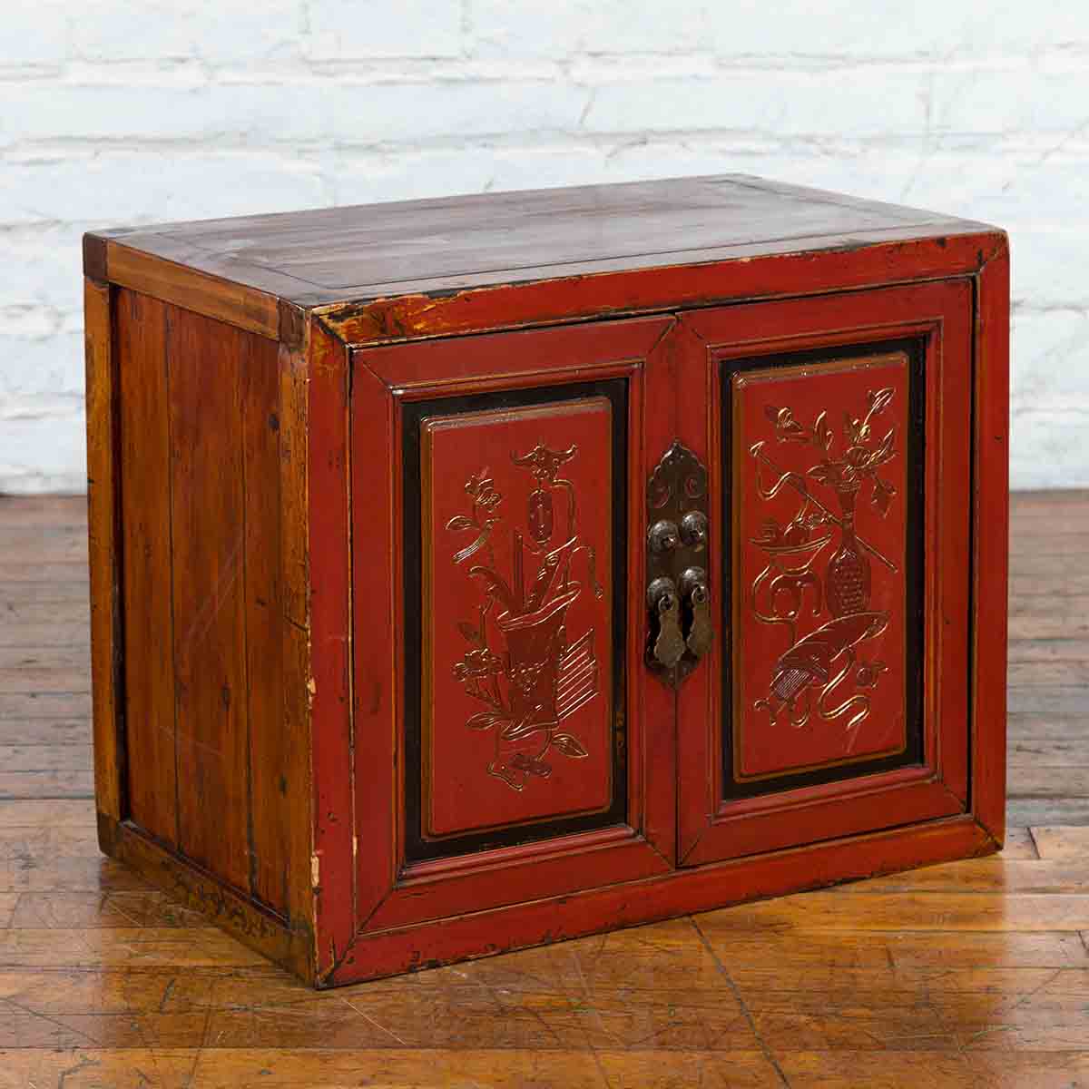 19th Century Chinese Qing Dynasty Red Lacquer Cabinet with Hand-Carved Doors-2. Asian & Chinese Furniture, Art, Antiques, Vintage Home Décor for sale at FEA Home