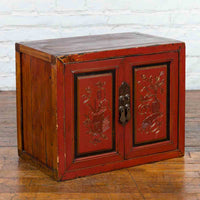 19th Century Chinese Qing Dynasty Red Lacquer Cabinet with Hand-Carved Doors