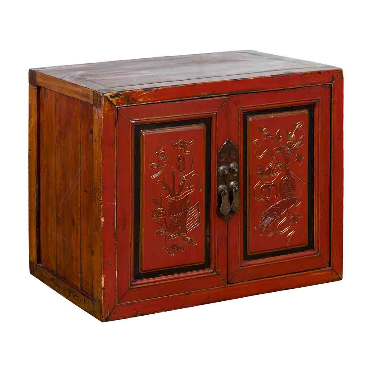 19th Century Chinese Qing Dynasty Red Lacquer Cabinet with Hand-Carved Doors-1. Asian & Chinese Furniture, Art, Antiques, Vintage Home Décor for sale at FEA Home