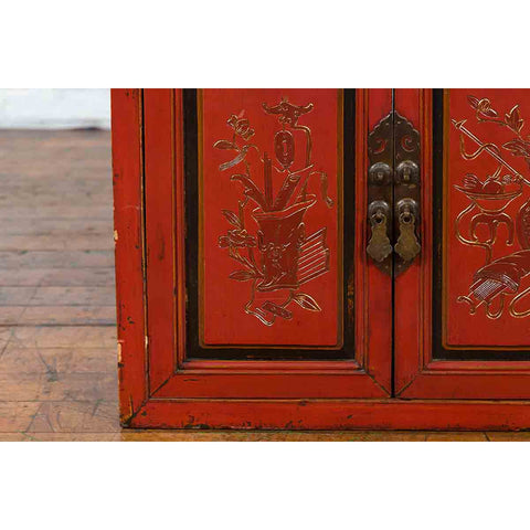 19th Century Chinese Qing Dynasty Red Lacquer Cabinet with Hand-Carved Doors-9. Asian & Chinese Furniture, Art, Antiques, Vintage Home Décor for sale at FEA Home
