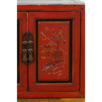 19th Century Chinese Qing Dynasty Red Lacquer Cabinet with Hand-Carved Doors