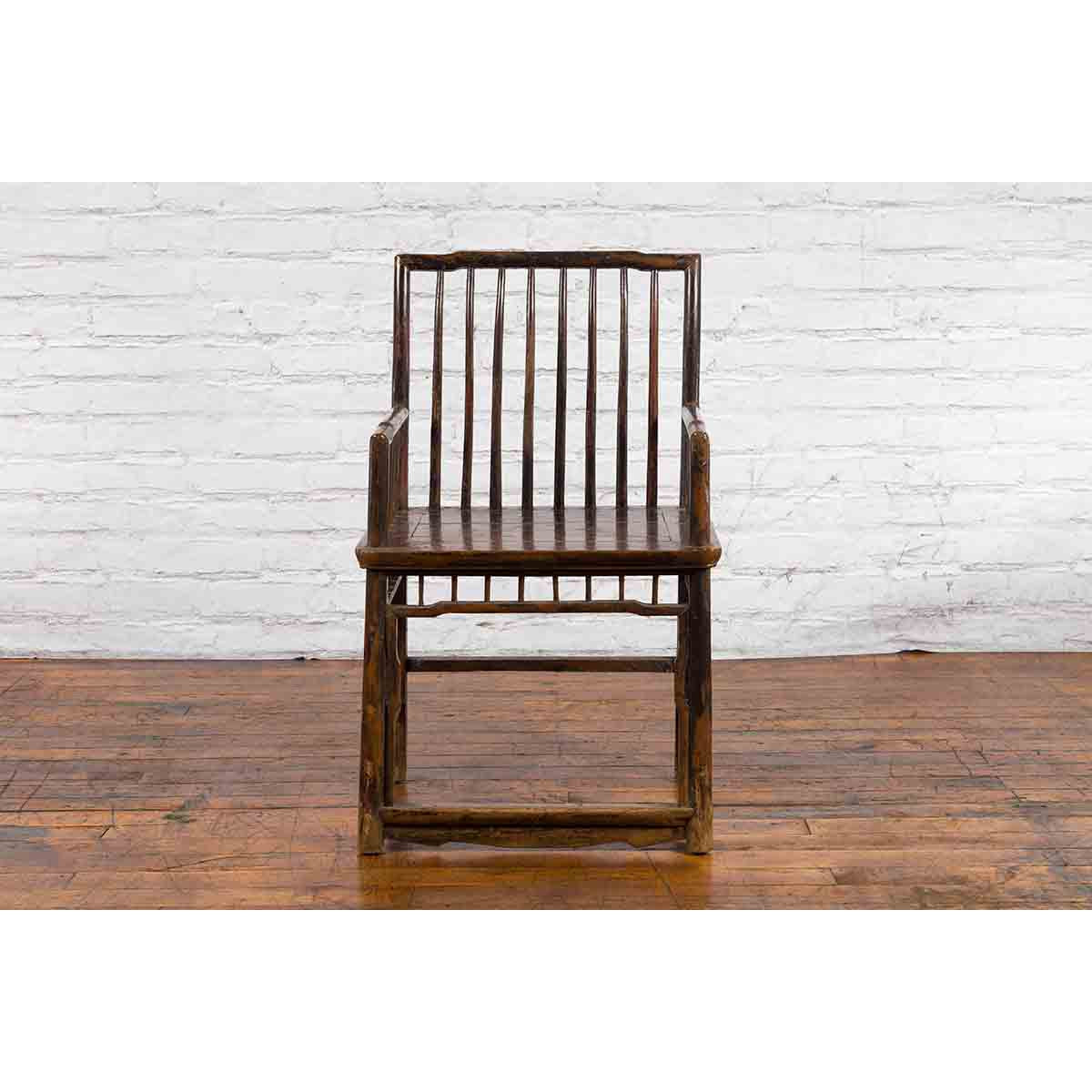 Chinese Qing Dynasty 19th Century Elmwood Armchair with Slatted Back and Arms-3. Asian &amp; Chinese Furniture, Art, Antiques, Vintage Home Décor for sale at FEA Home