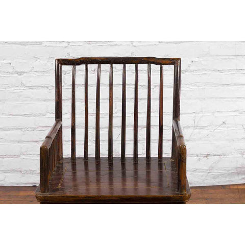 Chinese Qing Dynasty 19th Century Elmwood Armchair with Slatted Back and Arms