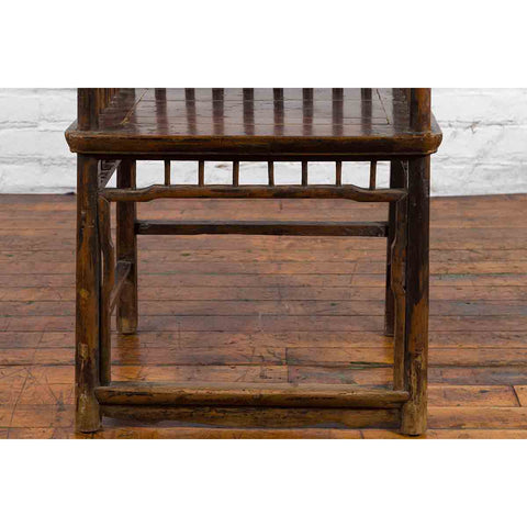 Chinese Qing Dynasty 19th Century Elmwood Armchair with Slatted Back and Arms