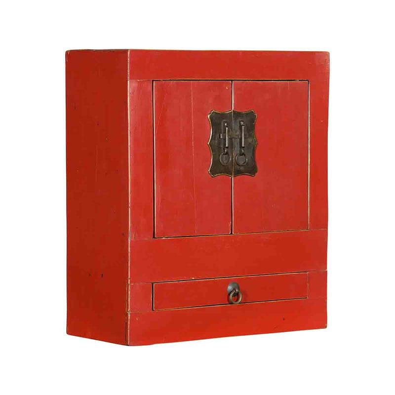 Small Chinese 1900s Red Lacquered Cabinet with Brass Hardware and Single Drawer- Asian Antiques, Vintage Home Decor & Chinese Furniture - FEA Home
