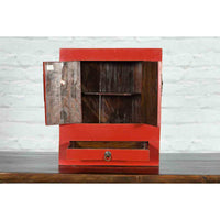 Small Chinese 1900s Red Lacquered Cabinet with Brass Hardware and Single Drawer