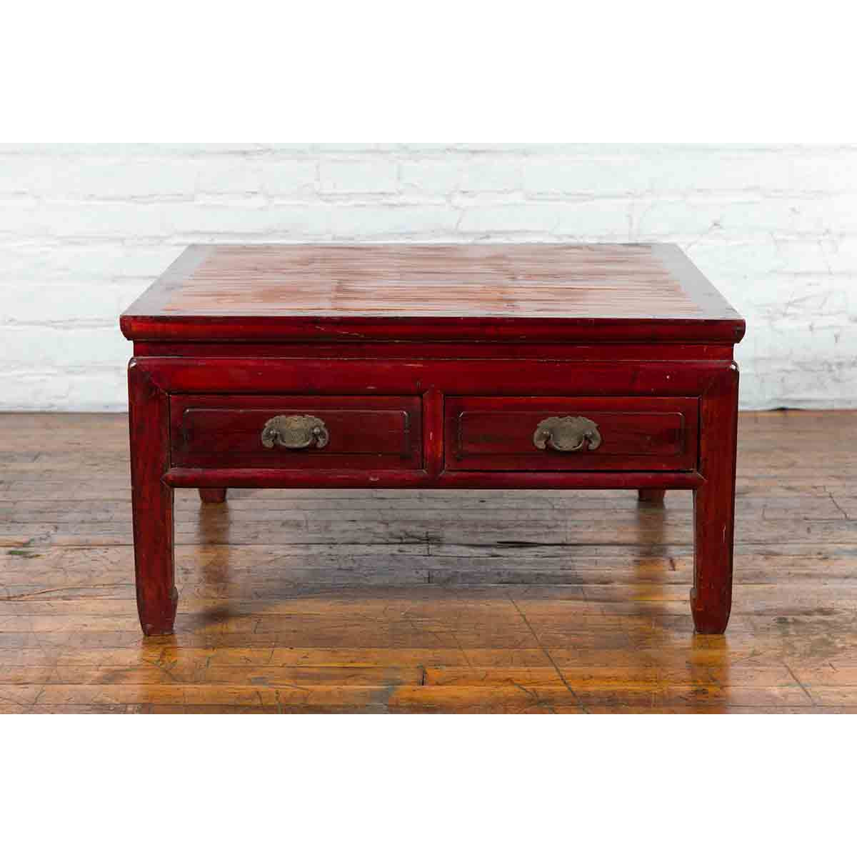 Chinese Dark Red Lacquered Coffee Table with Bamboo Top and Long Drawers-4. Asian &amp; Chinese Furniture, Art, Antiques, Vintage Home Décor for sale at FEA Home