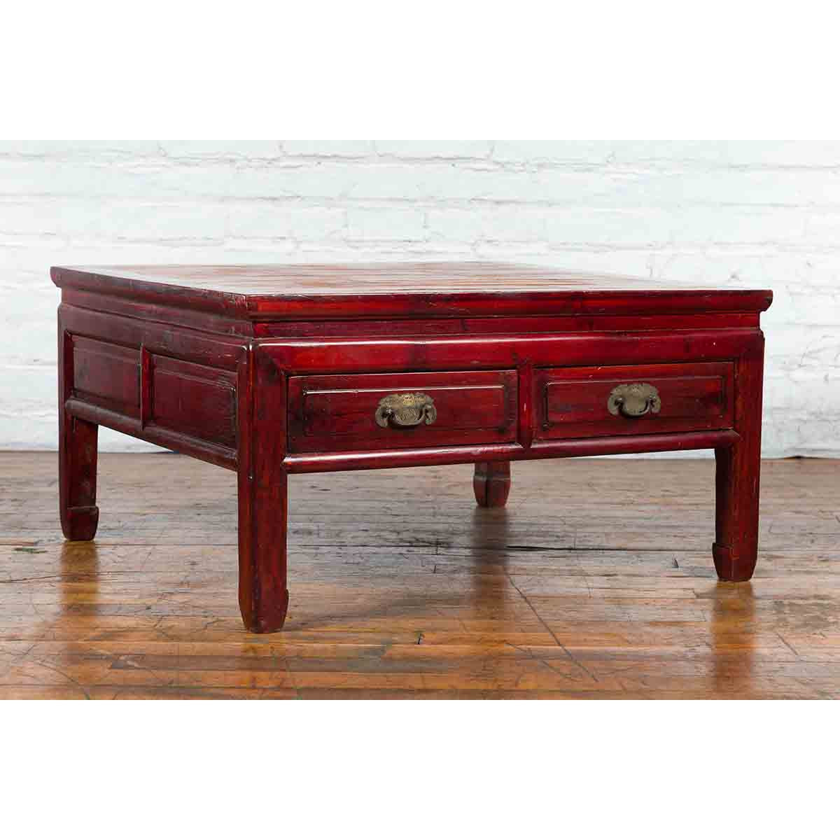 Chinese Dark Red Lacquered Coffee Table with Bamboo Top and Long Drawers-2. Asian & Chinese Furniture, Art, Antiques, Vintage Home Décor for sale at FEA Home