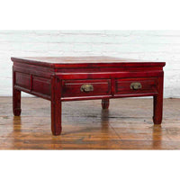 Chinese Dark Red Lacquered Coffee Table with Bamboo Top and Long Drawers