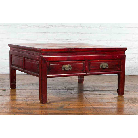 Chinese Dark Red Lacquered Coffee Table with Bamboo Top and Long Drawers-YN4080-2. Asian & Chinese Furniture, Art, Antiques, Vintage Home Décor for sale at FEA Home