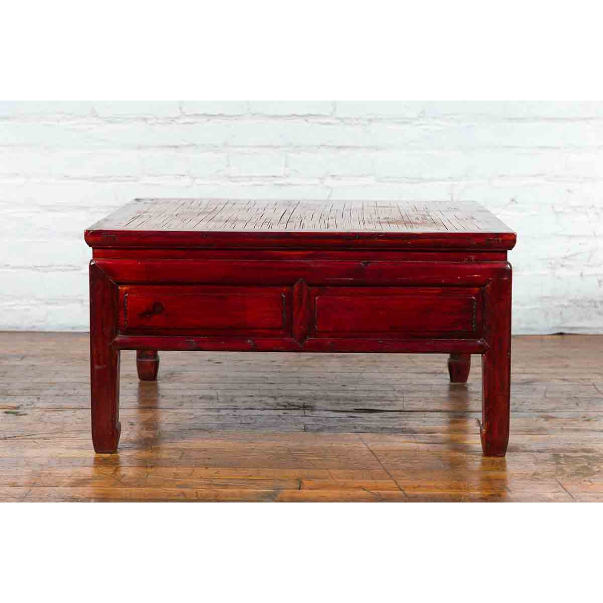 Chinese Dark Red Lacquered Coffee Table with Bamboo Top and Long Drawers-12. Asian &amp; Chinese Furniture, Art, Antiques, Vintage Home Décor for sale at FEA Home