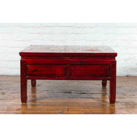 Chinese Dark Red Lacquered Coffee Table with Bamboo Top and Long Drawers