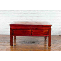 Chinese Dark Red Lacquered Coffee Table with Bamboo Top and Long Drawers