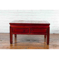 Chinese Dark Red Lacquered Coffee Table with Bamboo Top and Long Drawers