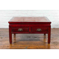 Chinese Dark Red Lacquered Coffee Table with Bamboo Top and Long Drawers