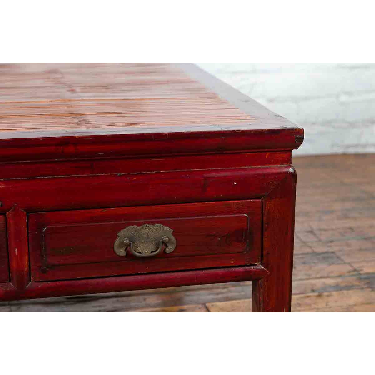 Chinese Dark Red Lacquered Coffee Table with Bamboo Top and Long Drawers-6. Asian &amp; Chinese Furniture, Art, Antiques, Vintage Home Décor for sale at FEA Home