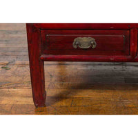 Chinese Dark Red Lacquered Coffee Table with Bamboo Top and Long Drawers