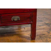 Chinese Dark Red Lacquered Coffee Table with Bamboo Top and Long Drawers