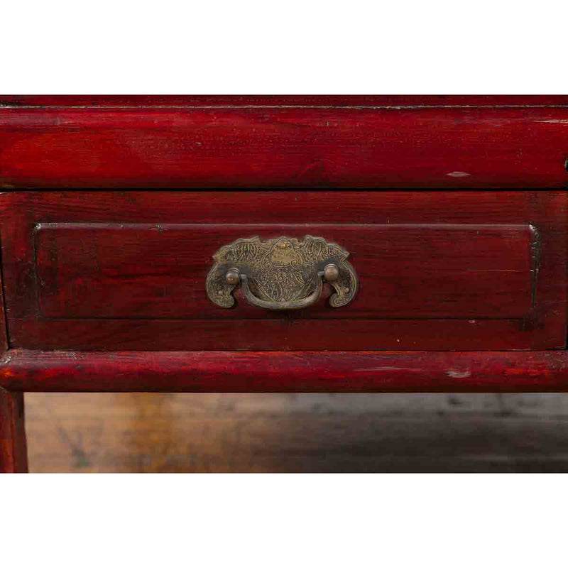 Chinese Dark Red Lacquered Coffee Table with Bamboo Top and Long Drawers-YN4080-9. Asian & Chinese Furniture, Art, Antiques, Vintage Home Décor for sale at FEA Home