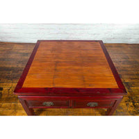 Chinese Dark Red Lacquered Coffee Table with Bamboo Top and Long Drawers