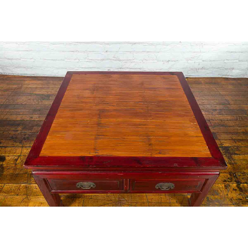 Chinese Dark Red Lacquered Coffee Table with Bamboo Top and Long Drawers-YN4080-10. Asian & Chinese Furniture, Art, Antiques, Vintage Home Décor for sale at FEA Home