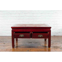 Chinese Dark Red Lacquered Coffee Table with Bamboo Top and Long Drawers