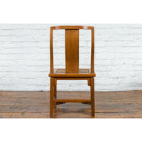 Chinese Early 20th Century Carved Elmwood Side Chair with Rattan Seat