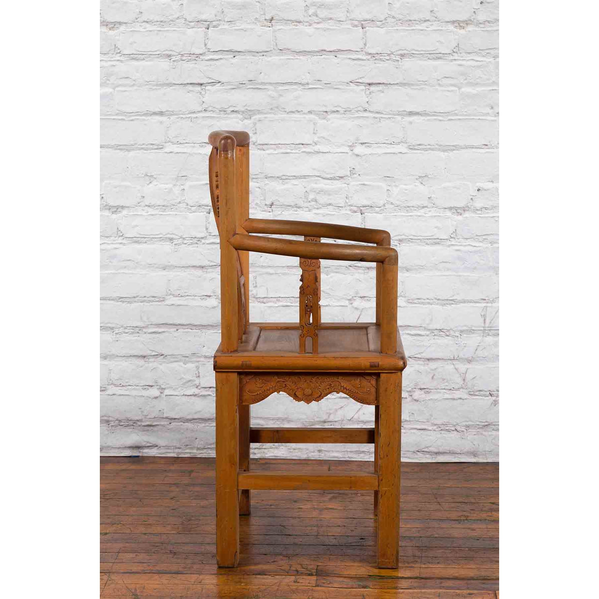 Chinese 19th Century Qing Dynasty Elm Armchair with Carved Traditional Motifs-12. Asian &amp; Chinese Furniture, Art, Antiques, Vintage Home Décor for sale at FEA Home
