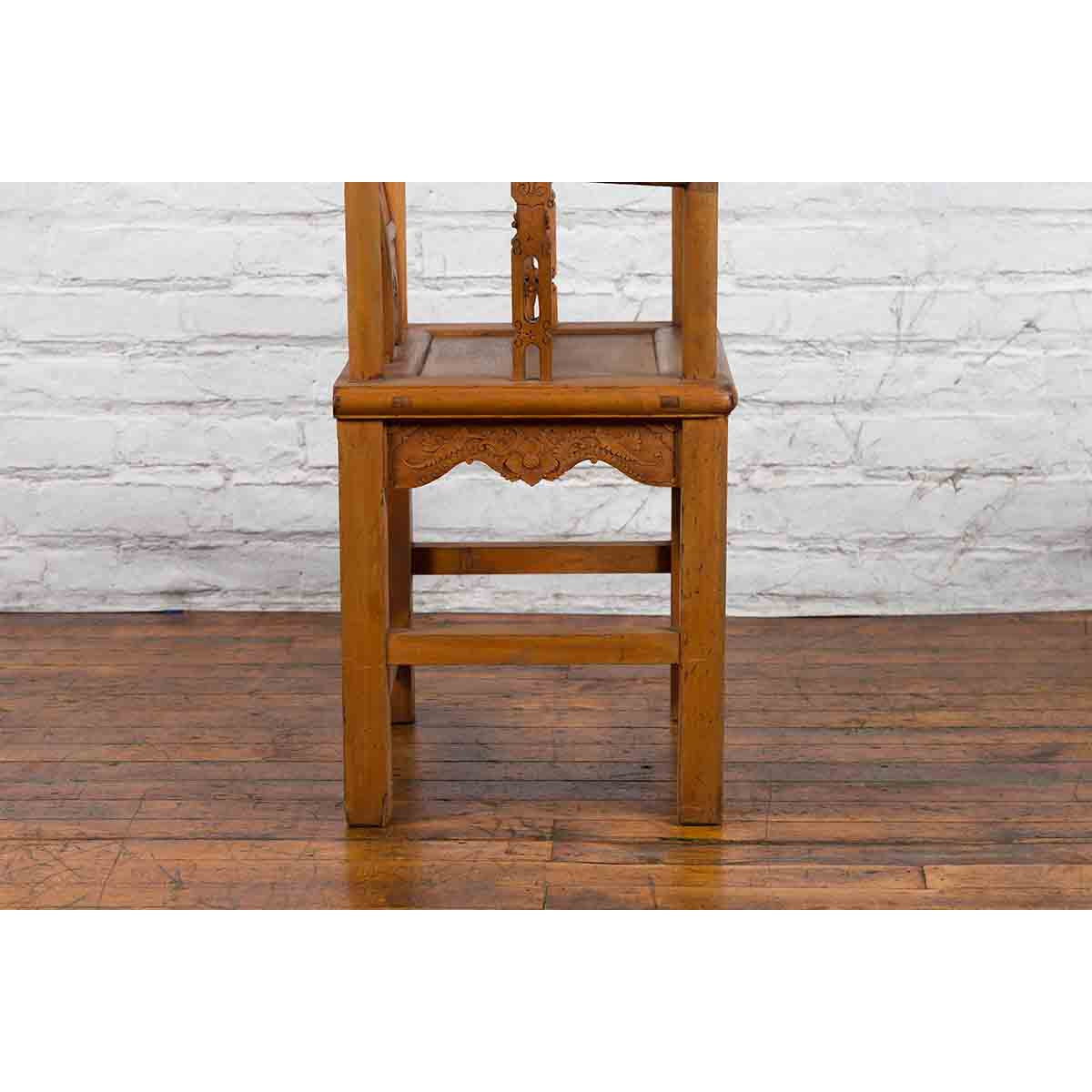 Chinese 19th Century Qing Dynasty Elm Armchair with Carved Traditional Motifs-13. Asian &amp; Chinese Furniture, Art, Antiques, Vintage Home Décor for sale at FEA Home