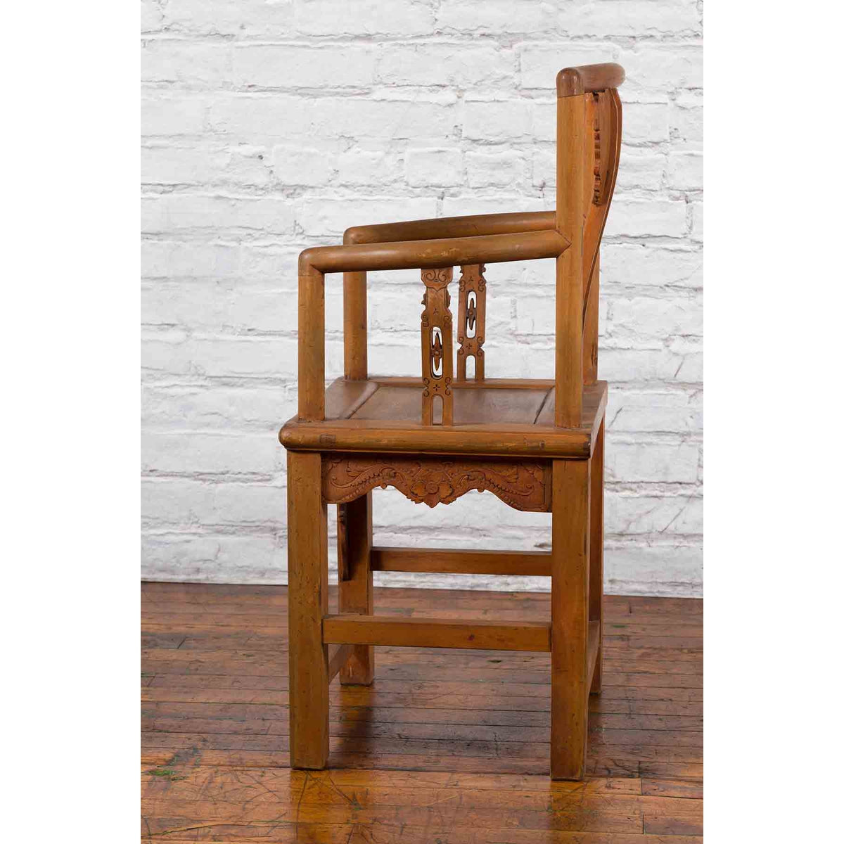 Chinese 19th Century Qing Dynasty Elm Armchair with Carved Traditional Motifs-16. Asian &amp; Chinese Furniture, Art, Antiques, Vintage Home Décor for sale at FEA Home