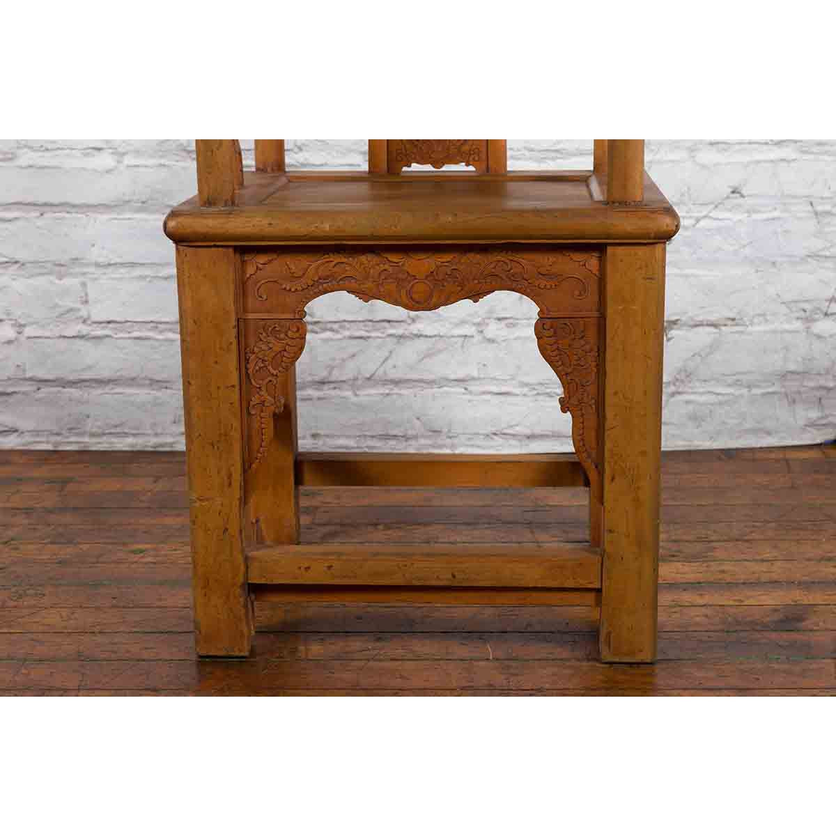 Chinese 19th Century Qing Dynasty Elm Armchair with Carved Traditional Motifs-8. Asian &amp; Chinese Furniture, Art, Antiques, Vintage Home Décor for sale at FEA Home